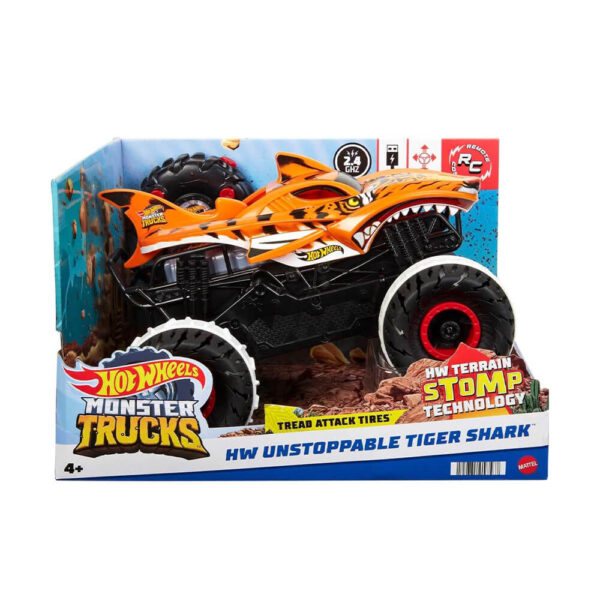 Hot Wheels Monster Trucks, Remote Control Car, 1:15 Scale Tiger Shark RC With All-Terrain Wheels - Image 2