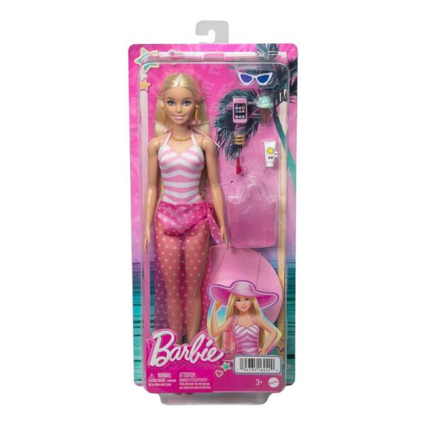 Mattel Barbie Beach Blonde Doll with Pink and White Swimsuit, Accessories, and Beach Bag - Image 2