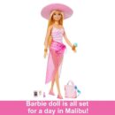Mattel Barbie Beach Blonde Doll with Pink and White Swimsuit, Accessories, and Beach Bag
