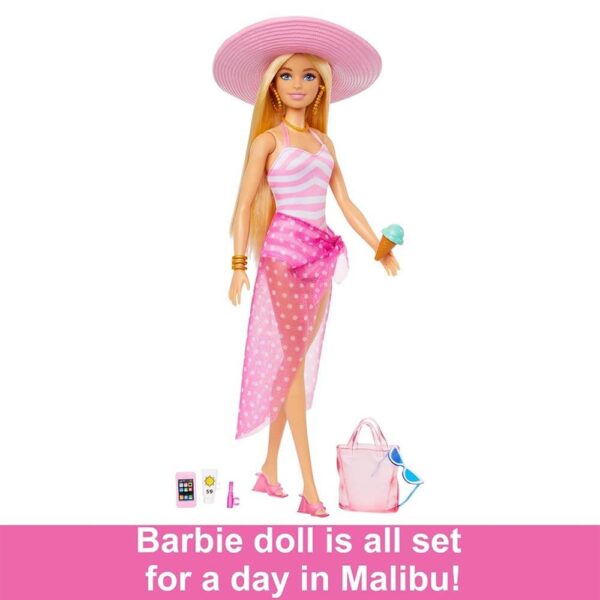 Mattel Barbie Beach Blonde Doll with Pink and White Swimsuit, Accessories, and Beach Bag - Image 3