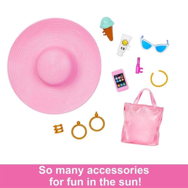 Mattel Barbie Beach Blonde Doll with Pink and White Swimsuit, Accessories, and Beach Bag - Image 4
