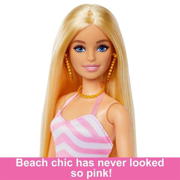 Mattel Barbie Beach Blonde Doll with Pink and White Swimsuit, Accessories, and Beach Bag - Image 5