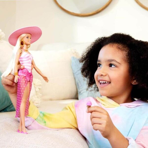 Mattel Barbie Beach Blonde Doll with Pink and White Swimsuit, Accessories, and Beach Bag - Image 6