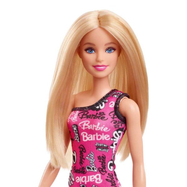 Mattel Barbie Fashion Doll With Straight Blonde Hair Wearing Removable Pink Dress & Shoes With Logo Print - Image 5