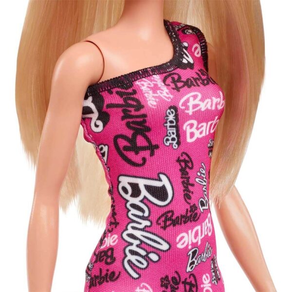 Mattel Barbie Fashion Doll With Straight Blonde Hair Wearing Removable Pink Dress & Shoes With Logo Print - Image 6