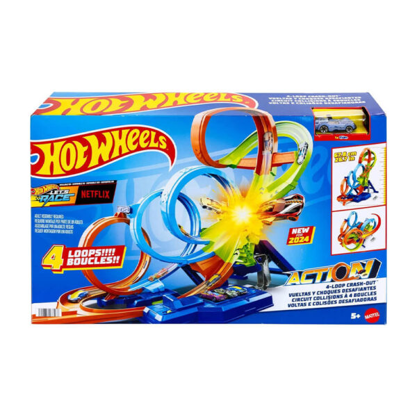 Mattel Hot Wheels 4-Loop Crash Out Track Set With Motorized Booster & 1:64 Scale Toy Car - Image 2