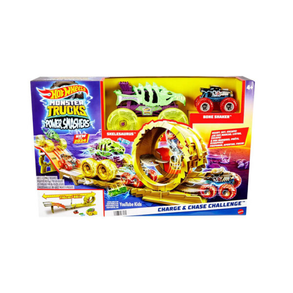 Mattel Hot Wheels Monster Trucks Power Smashers Charge & Chase Challenge Track Set With Oversized Skelesaurus, 1:64 Scale Bone Shaker & 2 Crushed Cars - Image 2