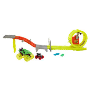 Mattel Hot Wheels Monster Trucks Power Smashers Charge & Chase Challenge Track Set With Oversized Skelesaurus, 1:64 Scale Bone Shaker & 2 Crushed Cars