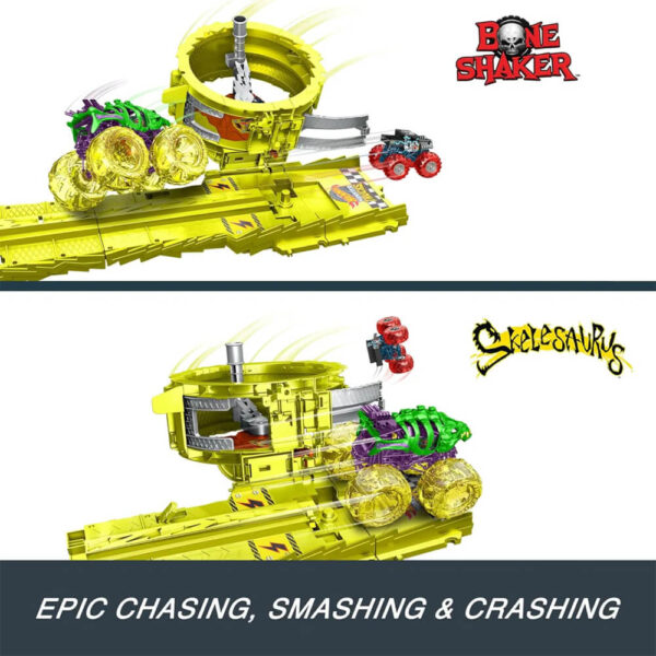 Mattel Hot Wheels Monster Trucks Power Smashers Charge & Chase Challenge Track Set With Oversized Skelesaurus, 1:64 Scale Bone Shaker & 2 Crushed Cars - Image 5
