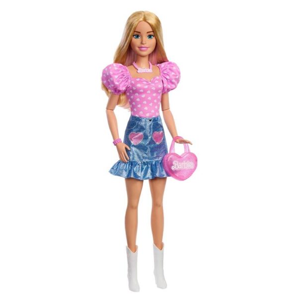 Mattel Barbie 28-in Blonde Fashion Doll with Removable Fashions, Pink Top, Denim Skirt, & Cowboy Boots, Necklace and Purse Accessory - Image 3