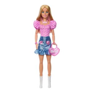 Mattel Barbie 28-in Blonde Fashion Doll with Removable Fashions, Pink Top, Denim Skirt, & Cowboy Boots, Necklace and Purse Accessory