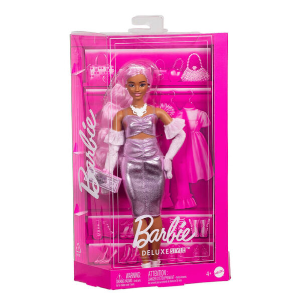 Mattel Barbie Deluxe Style Doll #1 in Glossy Pink Barbiecore Dress With Velvet Gloves, Pink Hair - Image 2