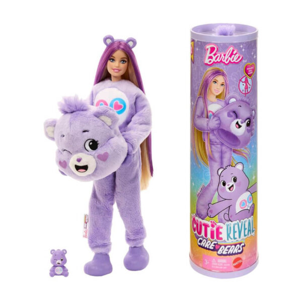 Mattel Barbie Cutie Reveal Care Bears Series Doll & Accessories in Share Bear Plush Costume, 10 Surprises