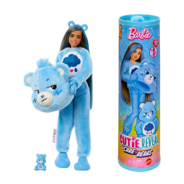 Mattel Barbie Cutie Reveal Care Bears Series Doll & Accessories in Grumpy Bear Plush Costume, 10 Surprises