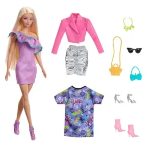 Mattel Barbie Doll with Clothes and Accessories, Blond Hair and 3 Party-Themed Mix-and-Match Outfits Including Dresses, Purses and Heels