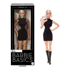 Mattel Barbie Basics Model 02 Collector Doll with Blonde Hair, Black Mini Dress & Gladiator Boots, Universal-fit Fashions, Posable Body & Swappable Doll Head