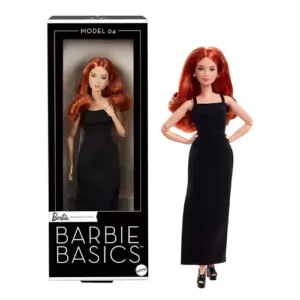 Mattel Barbie Basics Model 04 Collector Doll with Red Curly Hair, Black Mini Dress & Boots, Universal-fit Fashions, Posable Petite Body & Swappable Doll Head